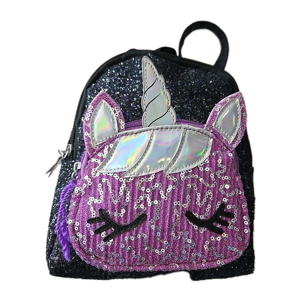 Girls Sparkle Mini Backpack Black & Purple With Unicorn On The Front